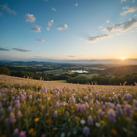 Sunset over a meadow in the Carpathian Mountains.の素材
