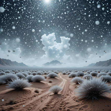 Fantasy landscape with a road in the desert and snowflakesの素材