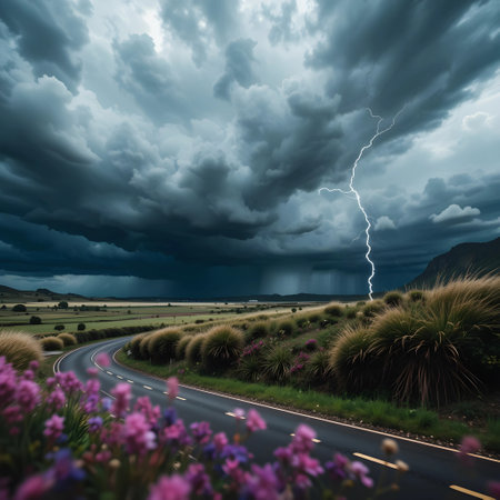 Stormy sky with lightning and purple flowers. 3D illustration.の素材