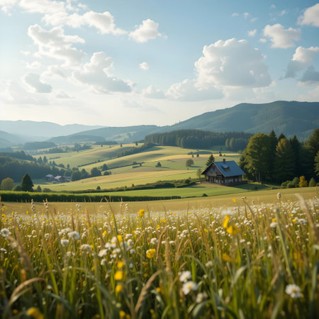 Beautiful summer rural landscape with meadow and chamomilesの素材