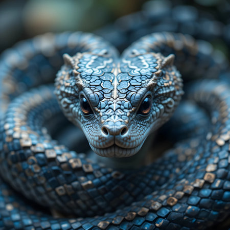 Close up of the head of a snake in the dark blue colorの素材