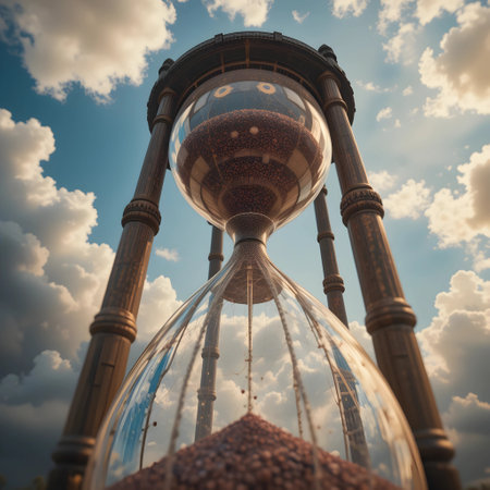 Hourglass on sky background. Time passing concept. Vintage style.の素材