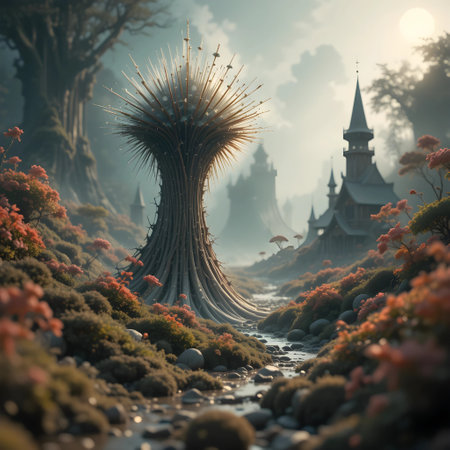 Fantasy landscape with fantasy castle. 3d illustration. Fantasy design.の素材