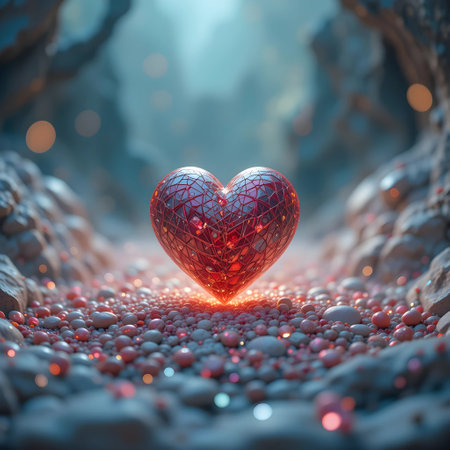 3D rendering of a red heart on the ground in a dark forestの素材