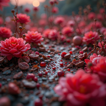 Beautiful red dahlia flowers in the garden at sunset.の素材