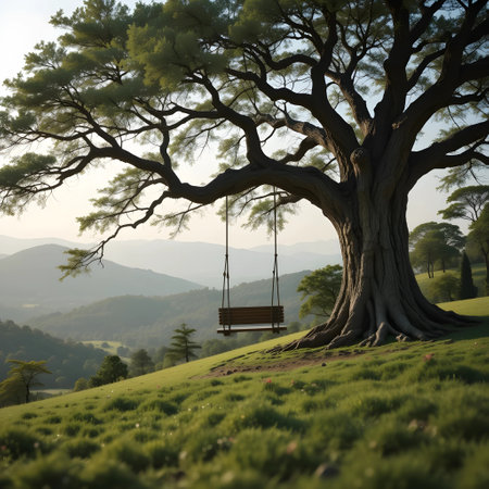 Swing on the tree in the morning at Phu Kradueng National Park, Loei, Thailandの素材