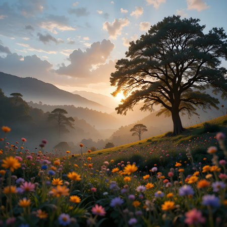 Beautiful sunrise in the morning with tree and flower meadow.の素材