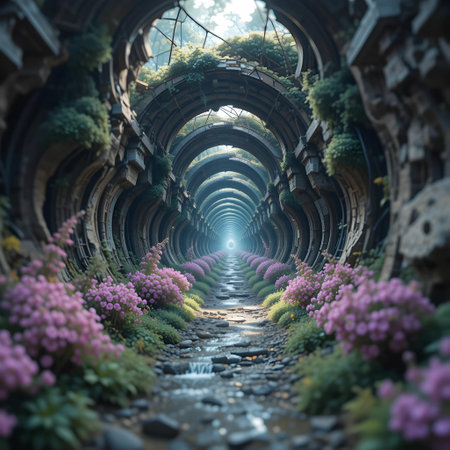 Garden tunnel with pink flowers in Bali, Indonesia. Spring seasonの素材