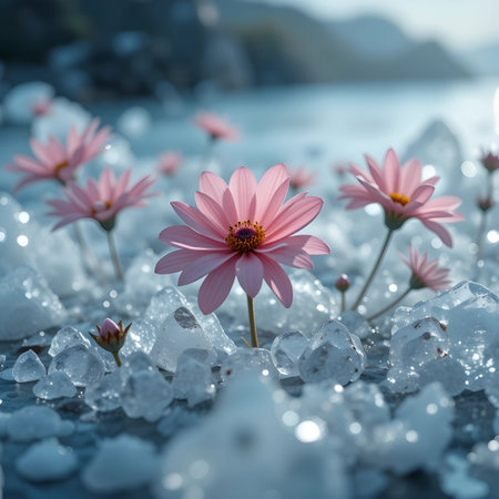 Beautiful pink flowers in the water with ice crystals. Toned.の素材