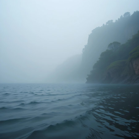 Foggy seascape with rocks and sea in the morningの素材