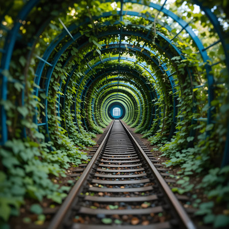 Railway tunnel in the green forest. Railway tracks in the forest.の素材