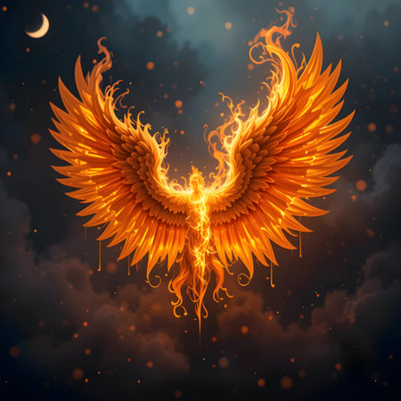 Angel wings with fire and smoke on dark sky background. Vector illustration.の素材
