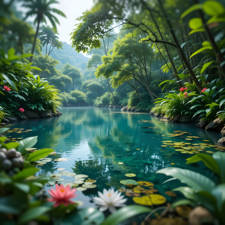 Beautiful tropical garden with pond, trees and flowers. Nature backgroundの素材