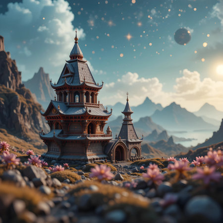 Magic fantasy landscape with fairy-tale castle in the mountains. 3d renderingの素材