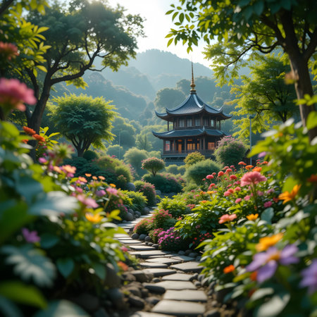 Beautiful Chinese Garden in the morning, Chiang Mai, Thailandの素材