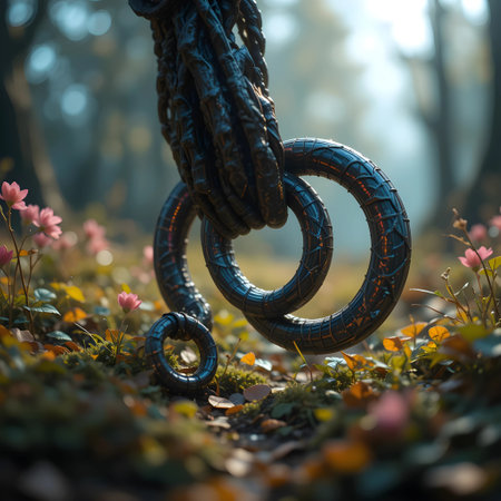 Pair of metal rings in the forest. Conceptual image.の素材
