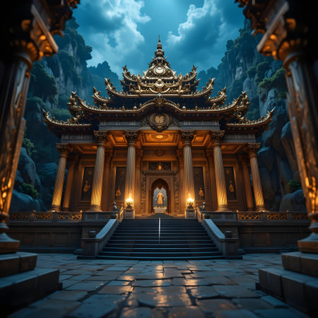 Beautiful temple in the middle of the forest. 3d renderingの素材