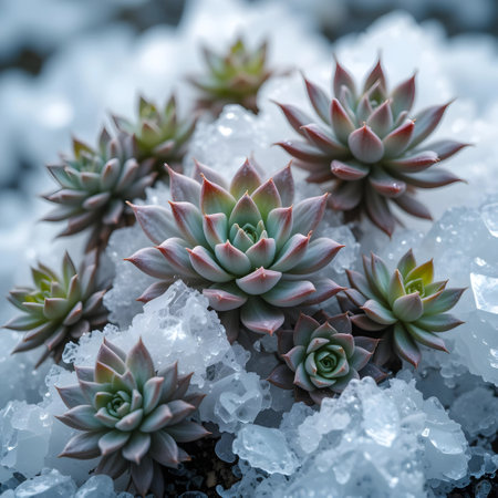 Succulent plant growing in ice, close up. Selective focus.の素材