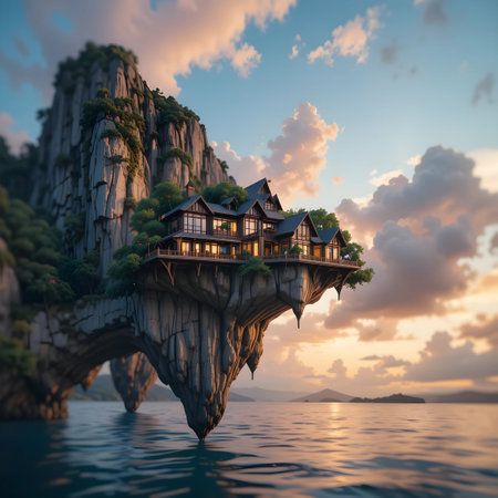 Floating island in the sea at sunset, Krabi, Thailandの素材