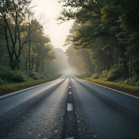 Road through the forest in foggy morning. Beautiful autumn landscape.の素材