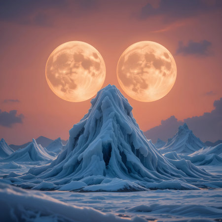 Winter landscape with full moon and icebergs. 3D illustration.の素材