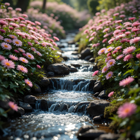 pink chrysanthemum flower in the garden with water streamの素材