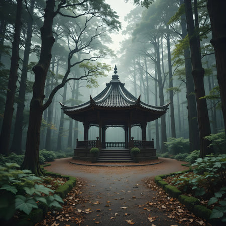 Garden pavilion in the morning fog with path in the forestの素材