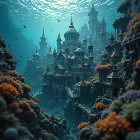 Fantasy castle in the deep blue sea. 3D illustration.の素材