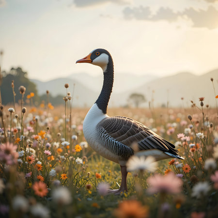 Goose on the flower meadow at sunset. Beautiful nature landscape.の素材