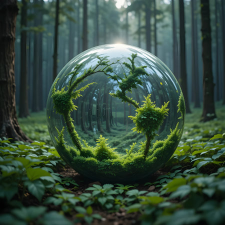 Glass sphere with ferns in the forest. Concept of environmental conservation.の素材