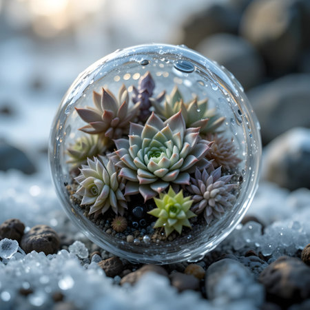 Small succulent plants in a glass sphere with water drops on the groundの素材