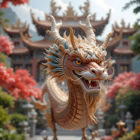 Chinese dragon statue in chinese temple, closeup of photo.の素材