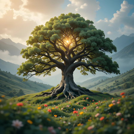 Beautiful tree in the meadow with flowers. 3d renderの素材