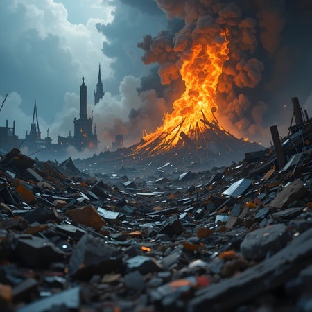 Conceptual image of disaster with a big fire in the skyの素材
