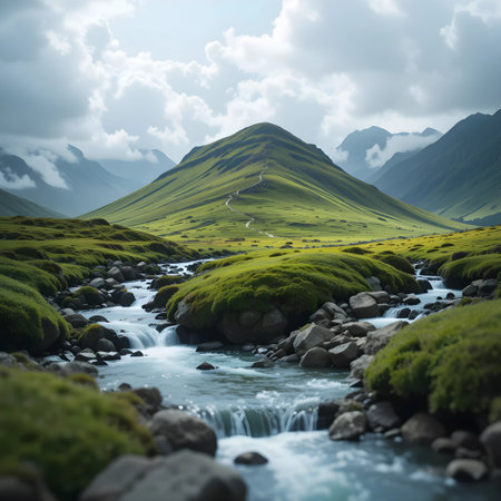 Mountain stream in the green grassland. Caucasus Mountains. Russiaの素材