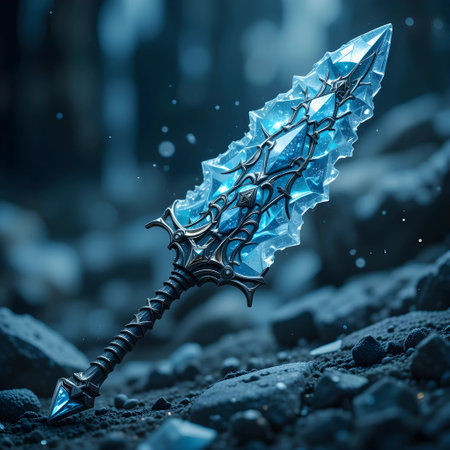 Blue crystal sword on dark background. Fantasy concept. 3D Renderingの素材