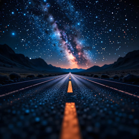 3d rendering of an asphalt road leading to the milky wayの素材