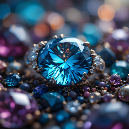 jewelry ring with blue sapphire on the background of precious stonesの素材
