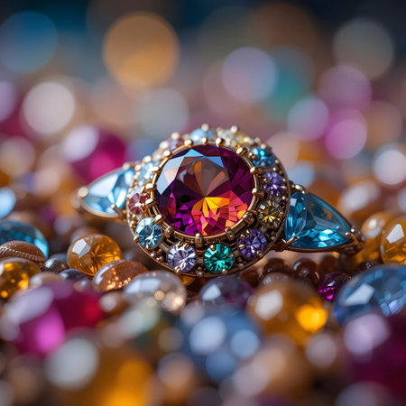 Jewelry ring with precious stones on bokeh background.の素材