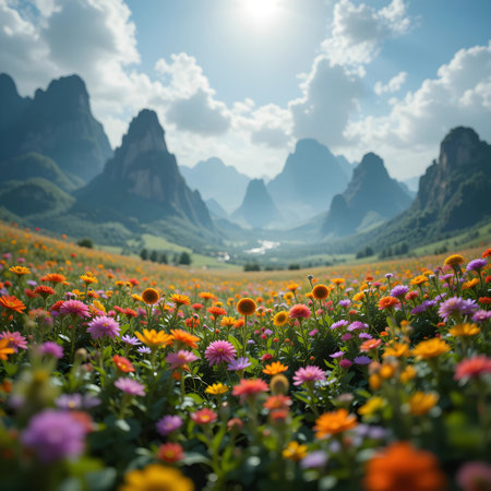 Colorful flowers in the meadow on the background of the mountainsの素材