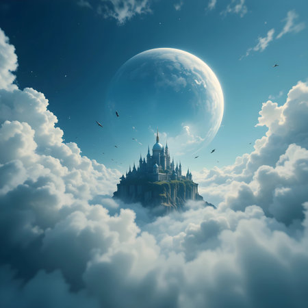 Mystical castle in the clouds. Fantasy landscape. 3D renderingの素材