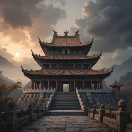 The ancient Chinese temple in the mountains at sunset, 3d renderの素材