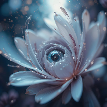 Beautiful flower with blue petals and water drops on the petalsの素材