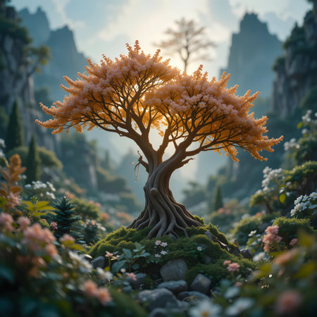 Beautiful tree in the garden at sunset. 3D Renderingの素材