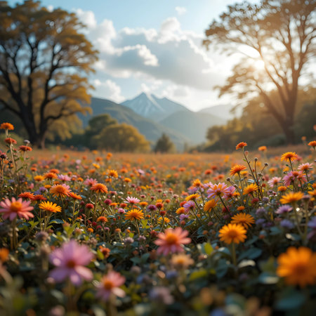 Chrysanthemum flower field with mountain background at sunset.の素材