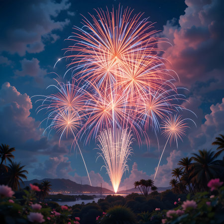 Colorful fireworks of various colors over the sea and the sky.の素材