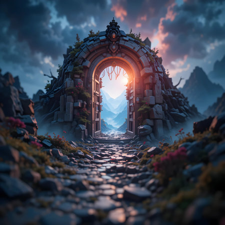 Fantasy landscape with stone gate in the mountains. 3d renderingの素材