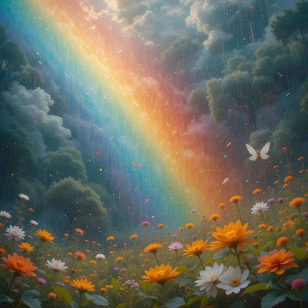 Rainbow over the meadow with flowers and butterflies, digital paintingの素材