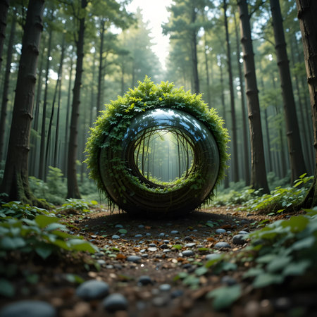 Conceptual image of green forest in a spherical glass sphere.の素材