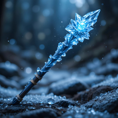 Magic wand with blue crystal on dark background. 3D rendering.の素材